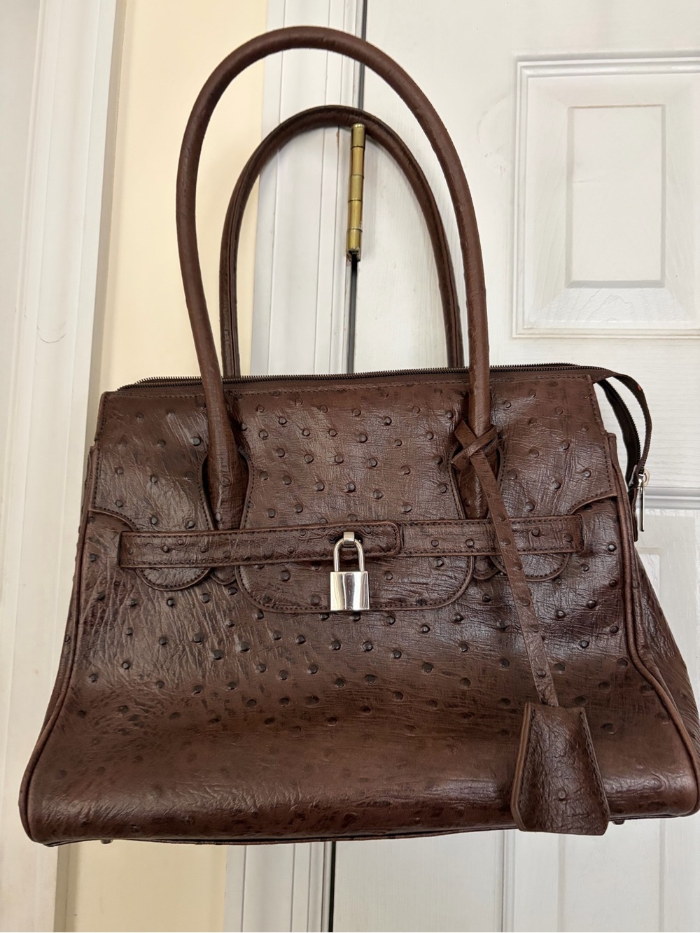 Classic Structured Brown Tote Handbag - Faux Ostrich Texture